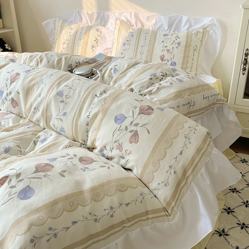 Korean Style Princess Floral Washed Cotton Bedding Set Vintage French Pastoral Flowers Lace ruffles Duvet Cover Set Pillowcase