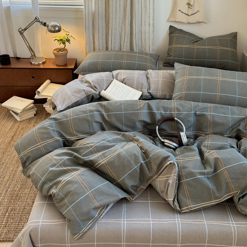 100% Cotton Plaid Style Duvet Cover Set with 2 Pillowcases - Soft & Breathable Bedding Set, Hypoallergenic, Easy Care