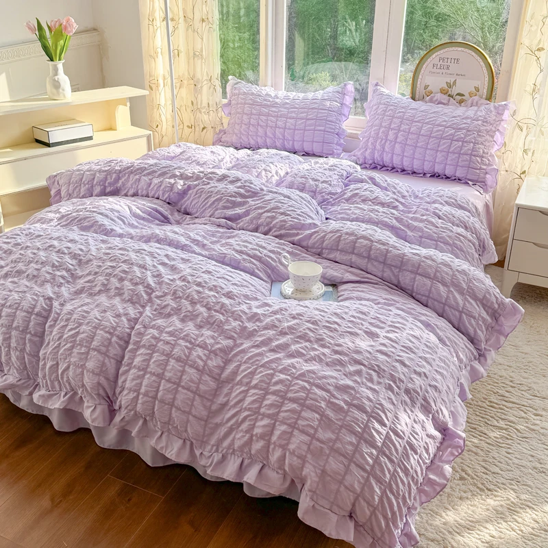 Princess Style Lace Ruffles Bedding Set Skin-friendly Soft Seersucker Duvet Cover Set Bed Sheet Or Bed Skirt Pillowcases