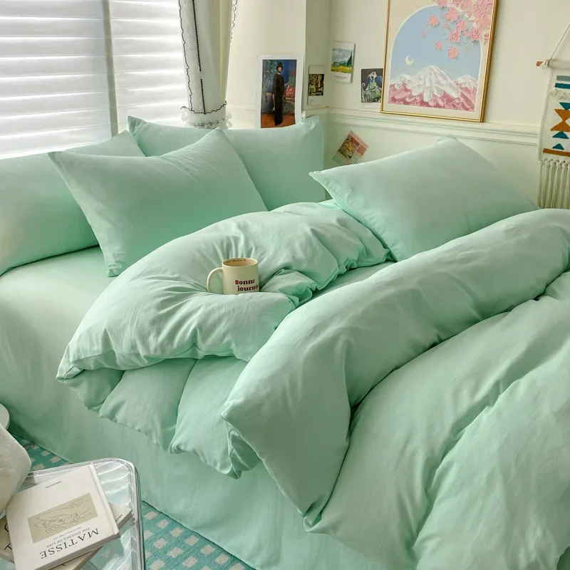 Cotton Bed Linen Solid Bedding Set with Sheet Duvet Cover Pillowcases Single Couple Bedsheet King Queen Double Twin Size