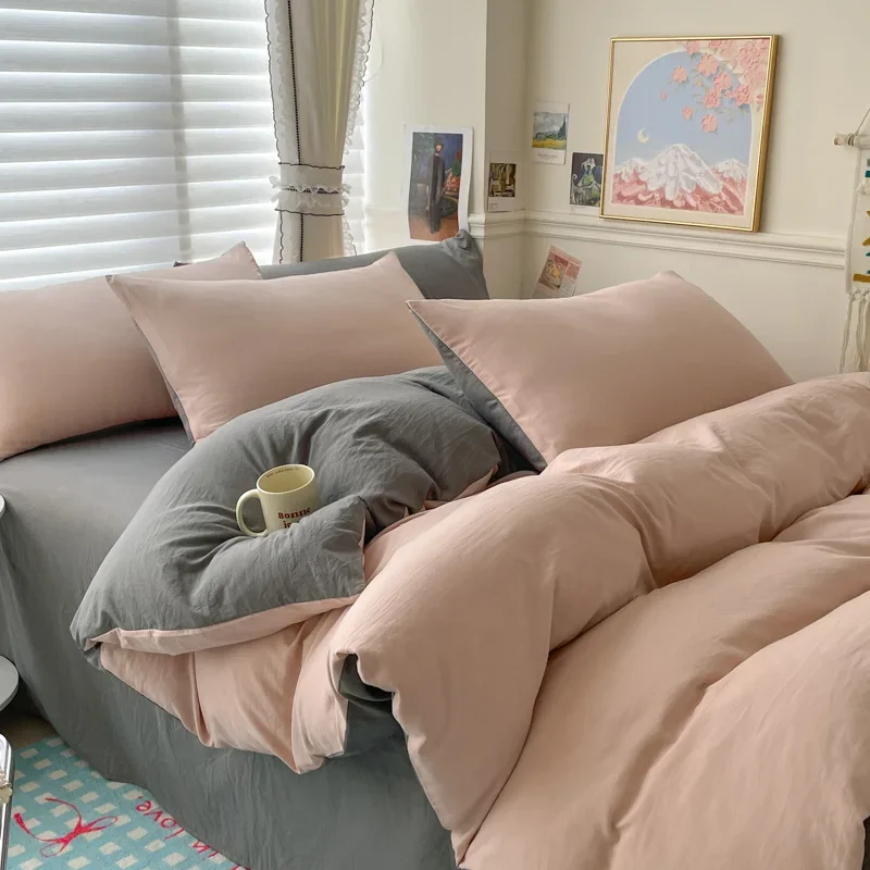 Cotton Bed Linen Solid Bedding Set with Sheet Duvet Cover Pillowcases Single Couple Bedsheet King Queen Double Twin Size