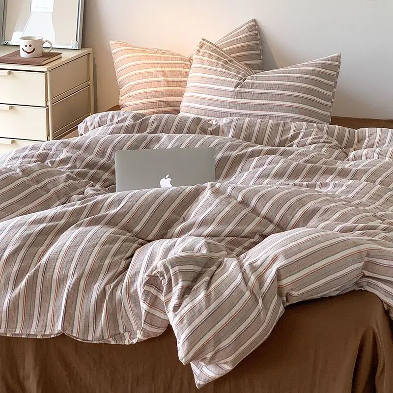 Ins Dopamine Striped Washed Cotton Four-piece Bedding Set Cream Style Bed Sheet Quilt Cover Three-piece Set