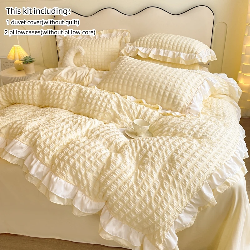 3pcs Korean lace Bedding set seersucker Duvet Cover Set (1*Duvet Cover + 2*Pillowcase, Without Core)for bedroom guest room