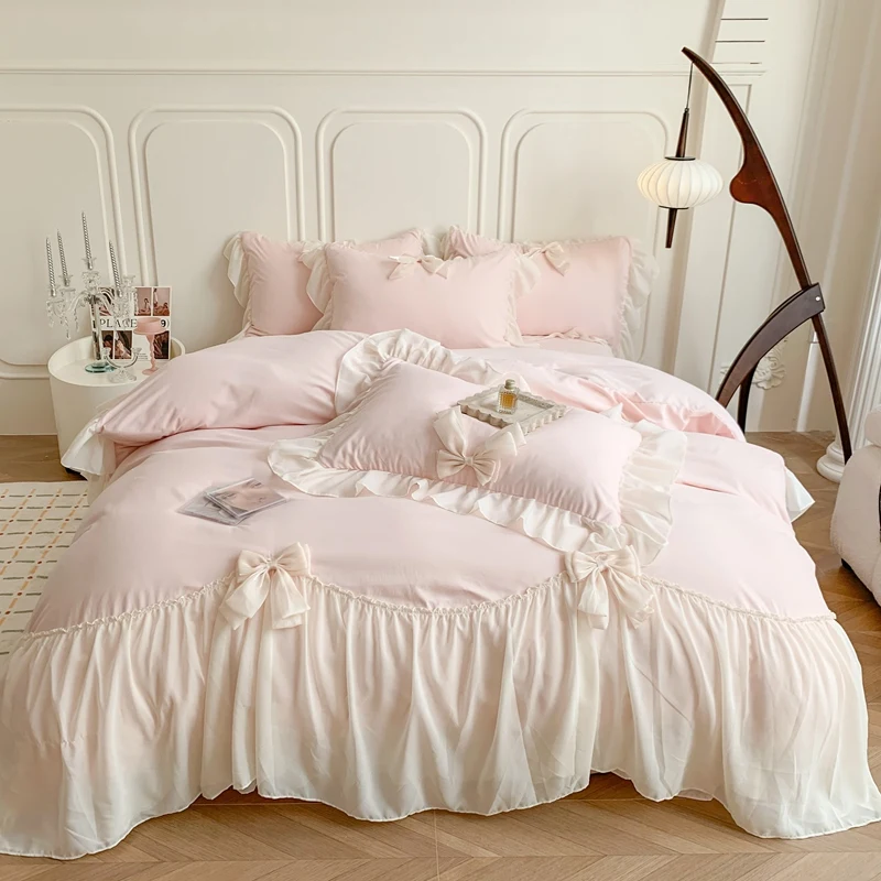 Style Princess Lace Bow Bedding Set Pink Sweet Girl Chiffon Ruffles Duvet Cover Bed Sheet Pillowcase Wedding Home Textile