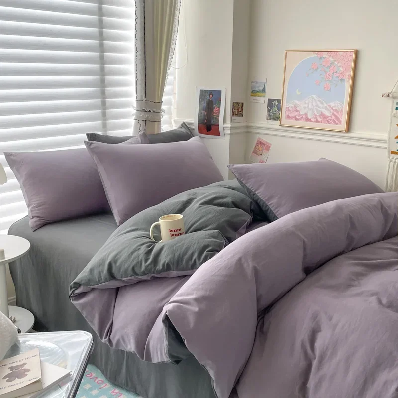 Cotton Bed Linen Solid Bedding Set with Sheet Duvet Cover Pillowcases Single Couple Bedsheet King Queen Double Twin Size