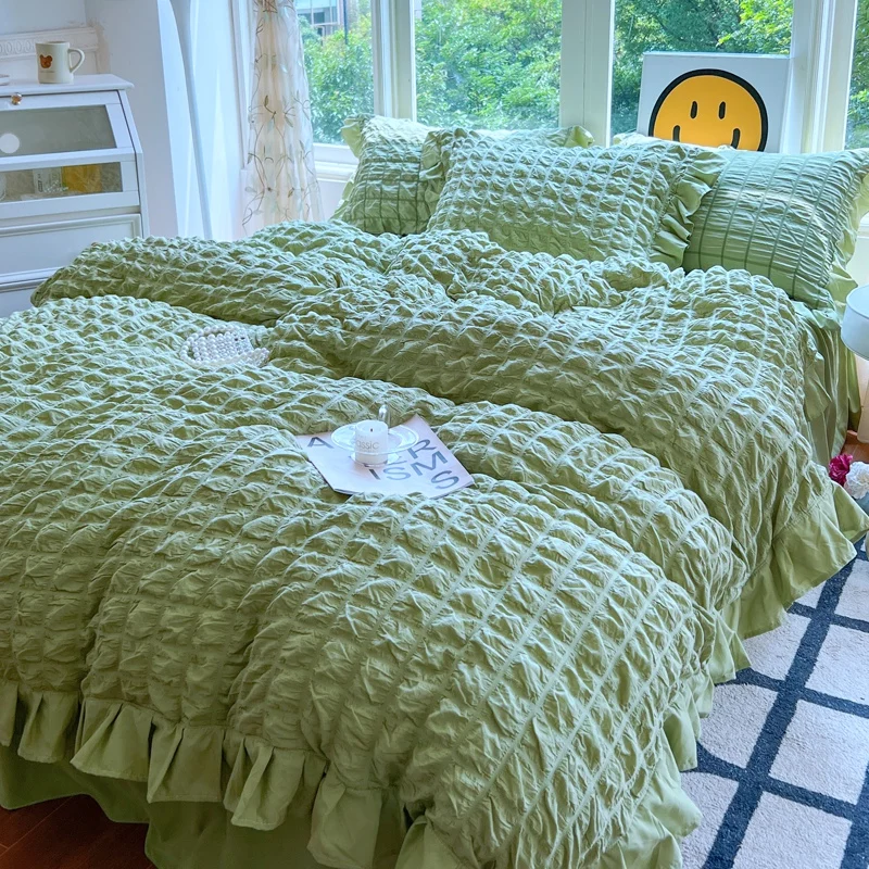 Princess Style Lace Ruffles Bedding Set Skin-friendly Soft Seersucker Duvet Cover Set Bed Sheet Or Bed Skirt Pillowcases