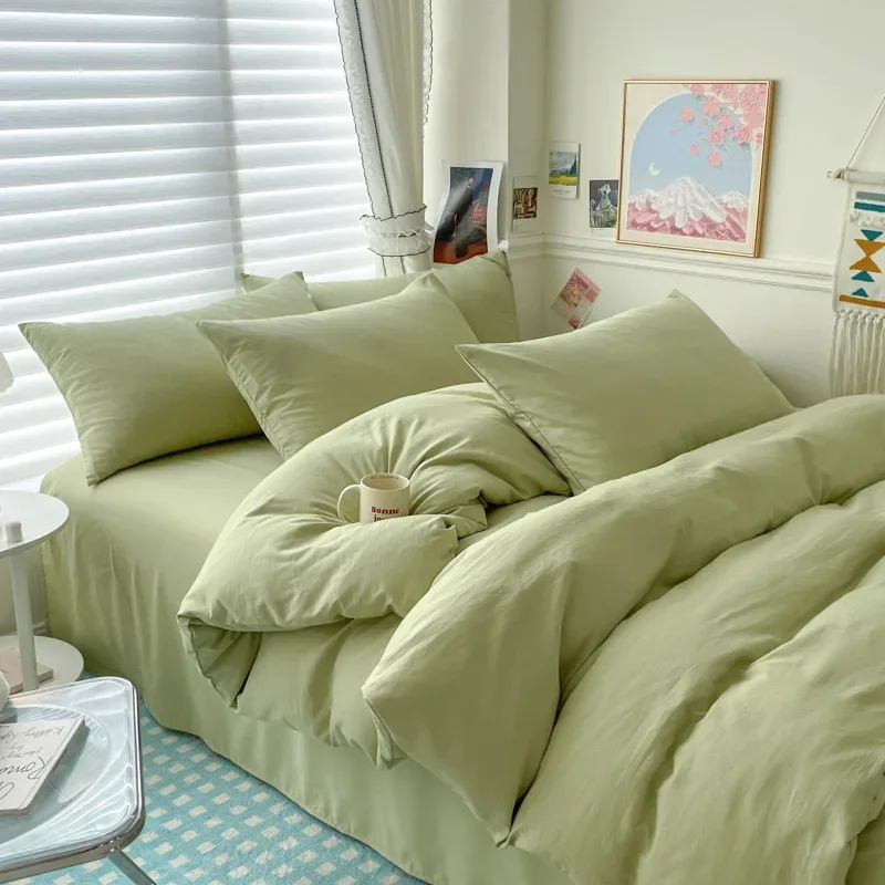 Cotton Bed Linen Solid Bedding Set with Sheet Duvet Cover Pillowcases Single Couple Bedsheet King Queen Double Twin Size