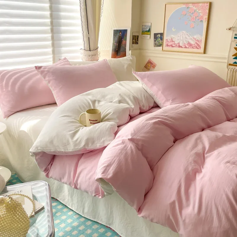 Cotton Bed Linen Solid Bedding Set with Sheet Duvet Cover Pillowcases Single Couple Bedsheet King Queen Double Twin Size