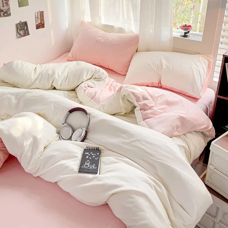 Solid Bed Linen Cotton Bedding Set 4pcs with Sheet Duvet Cover Pillowcases Single Couple Bedsheet Single Couple Twin Size