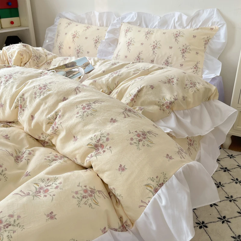 Korean Style Princess Floral Washed Cotton Bedding Set Vintage French Pastoral Flowers Lace ruffles Duvet Cover Set Pillowcase