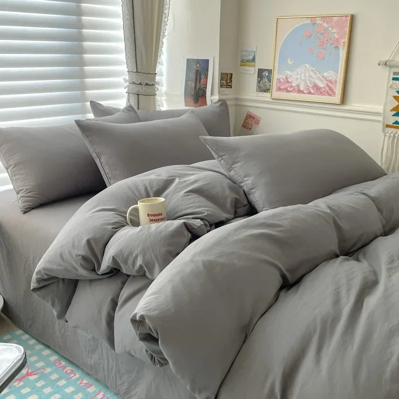 Cotton Bed Linen Solid Bedding Set with Sheet Duvet Cover Pillowcases Single Couple Bedsheet King Queen Double Twin Size