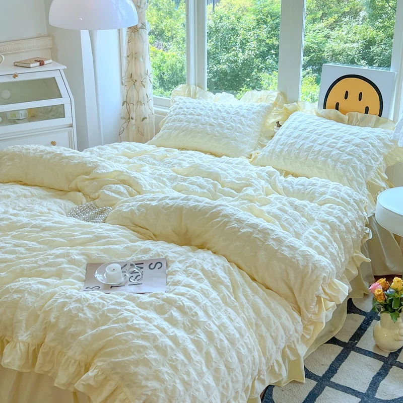 Princess Style Lace Ruffles Bedding Set Skin-friendly Soft Seersucker Duvet Cover Set Bed Sheet Or Bed Skirt Pillowcases