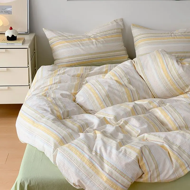 Ins Dopamine Striped Washed Cotton Four-piece Bedding Set Cream Style Bed Sheet Quilt Cover Three-piece Set