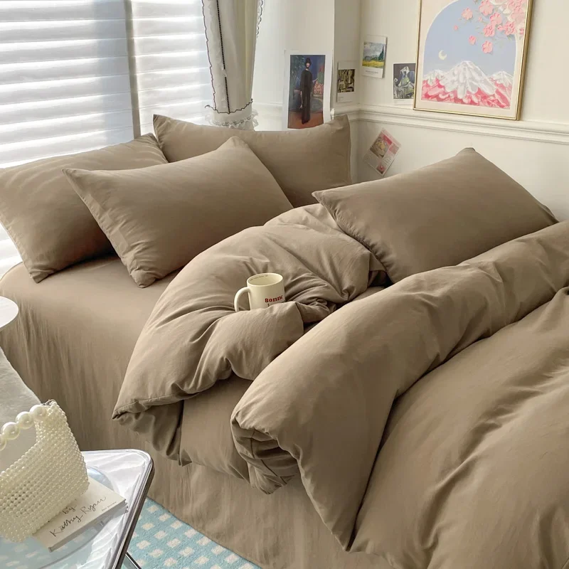 Cotton Bed Linen Solid Bedding Set with Sheet Duvet Cover Pillowcases Single Couple Bedsheet King Queen Double Twin Size