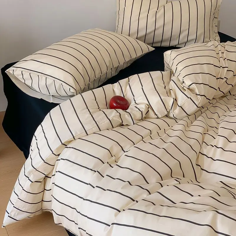 Ins Dopamine Striped Washed Cotton Four-piece Bedding Set Cream Style Bed Sheet Quilt Cover Three-piece Set