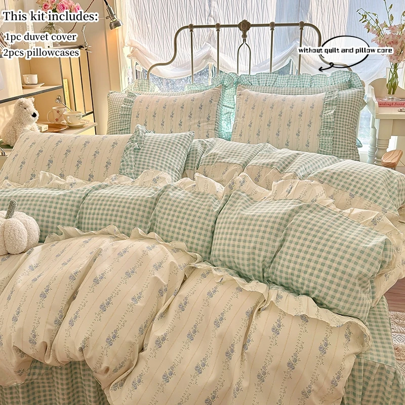 3pcs 100% Cotton Duvet Cover Set (1*Duvet Cover + 2*Pillowcase, Without Core), lace Bedding Set, Soft Comfortable