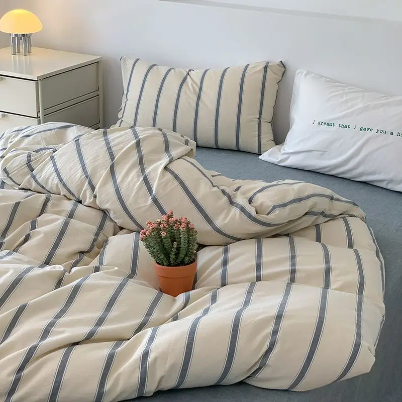 Ins Dopamine Striped Washed Cotton Four-piece Bedding Set Cream Style Bed Sheet Quilt Cover Three-piece Set