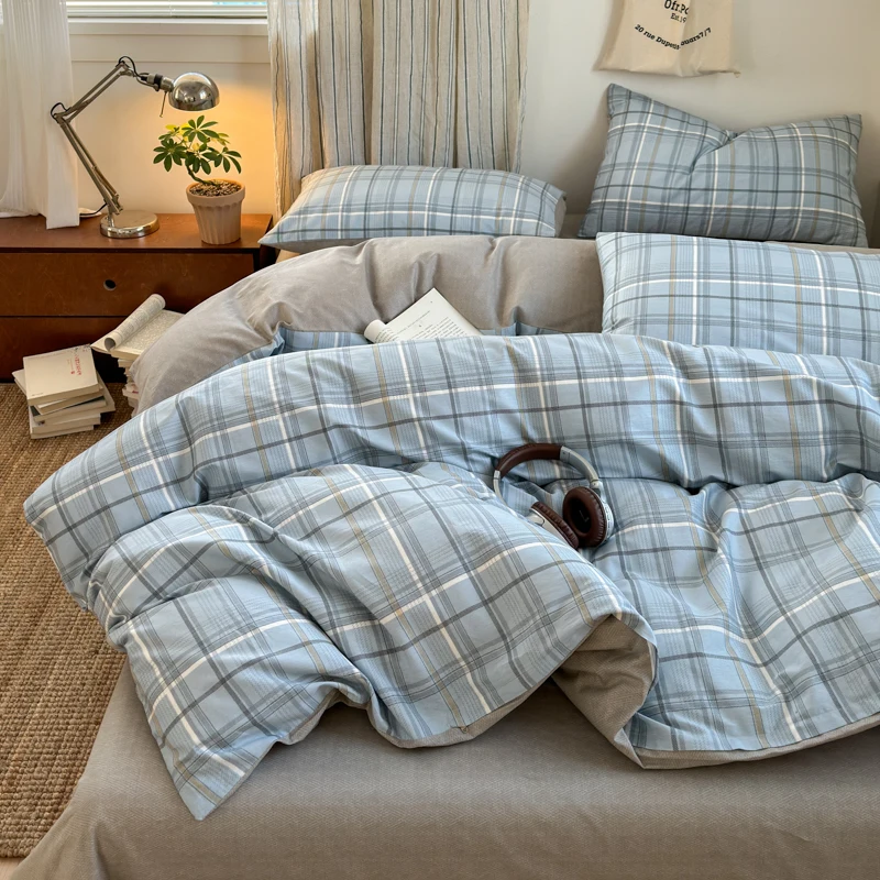 100% Cotton Plaid Style Duvet Cover Set with 2 Pillowcases - Soft & Breathable Bedding Set, Hypoallergenic, Easy Care