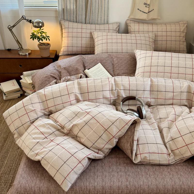 100% Cotton Plaid Style Duvet Cover Set with 2 Pillowcases - Soft & Breathable Bedding Set, Hypoallergenic, Easy Care