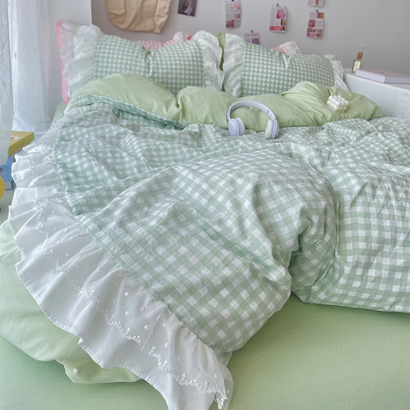 Princess Style Lattice Double Layer Lace Bedding Set Soft Quilt Cover Plaid Style Duvet Covers Set Bed Sheet Pillowcases