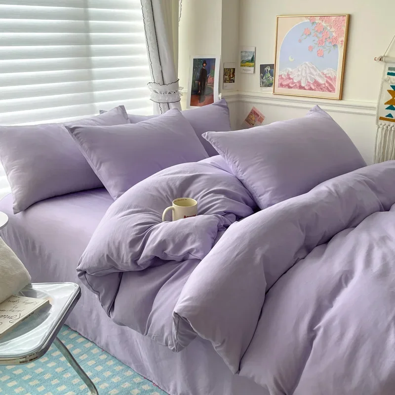 Cotton Bed Linen Solid Bedding Set with Sheet Duvet Cover Pillowcases Single Couple Bedsheet King Queen Double Twin Size